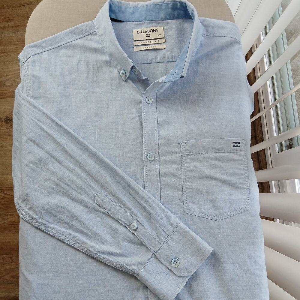 Billabong Tailored Fit Stretch All Day Chambray Shirt Mens L lt blue cotton LS